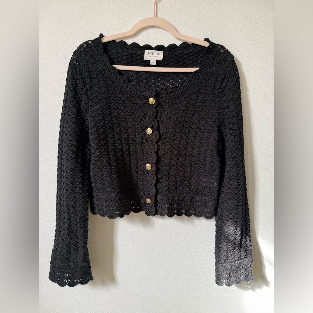 J Crew crocheted Black Cardigan scallop trim scoop neck Size Medium